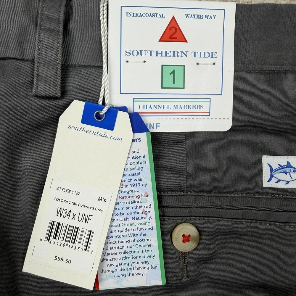 Southern Tide Channel Markers Pants Mens 34xUNF Gray Stretch Chino Unhemmed